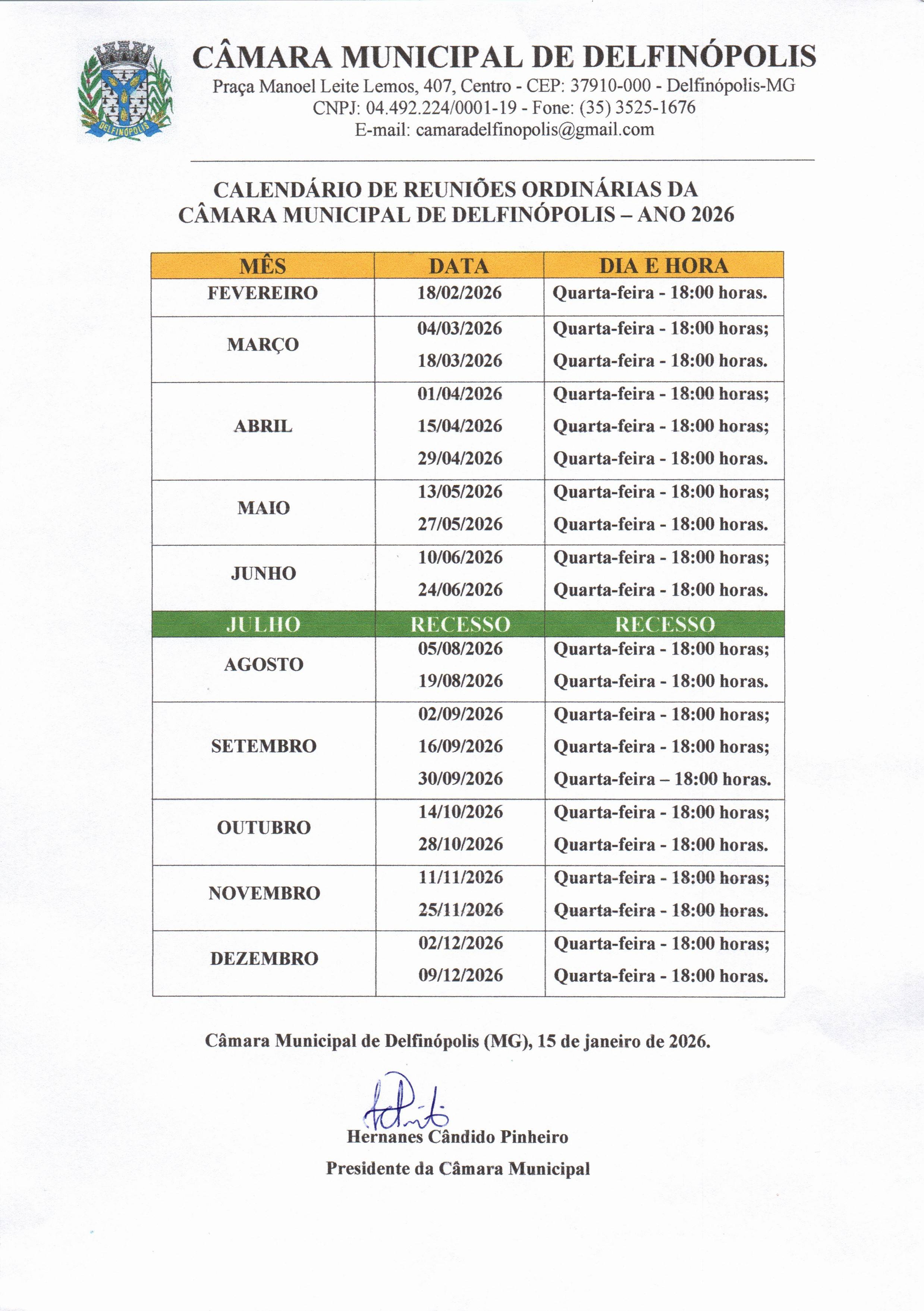 CALENDÁRIO DE REUNIÕES 2026